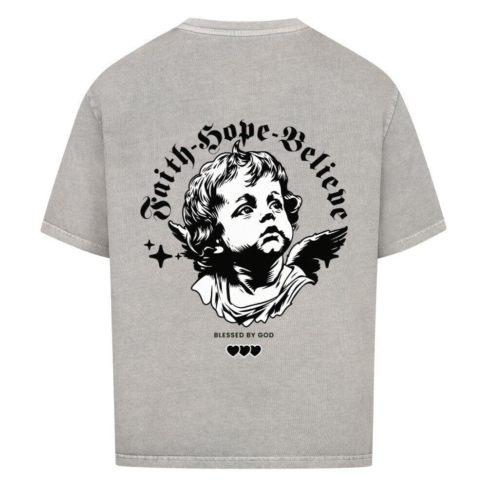 Faith Hope Believe Oversized T-Shirt in babyblau – christliches Oversized T-Shirt von Blessed by God
