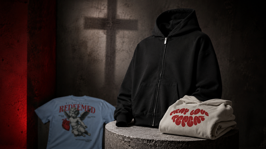 Blessed by God Kollektion: schwarzer Zipper, blaues „Redeemed“ T-Shirt und cremefarbener Hoodie vor einem Kreuz