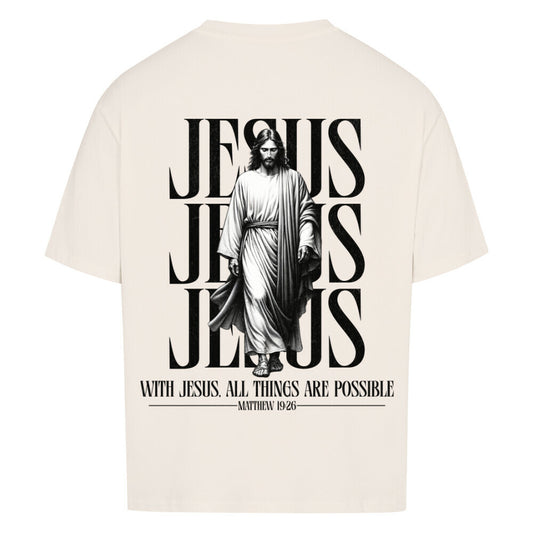 With Jesus, All Things Are Possible Oversized T-Shirt in babyblau – christliches Oversized T-Shirt von Blessed by God