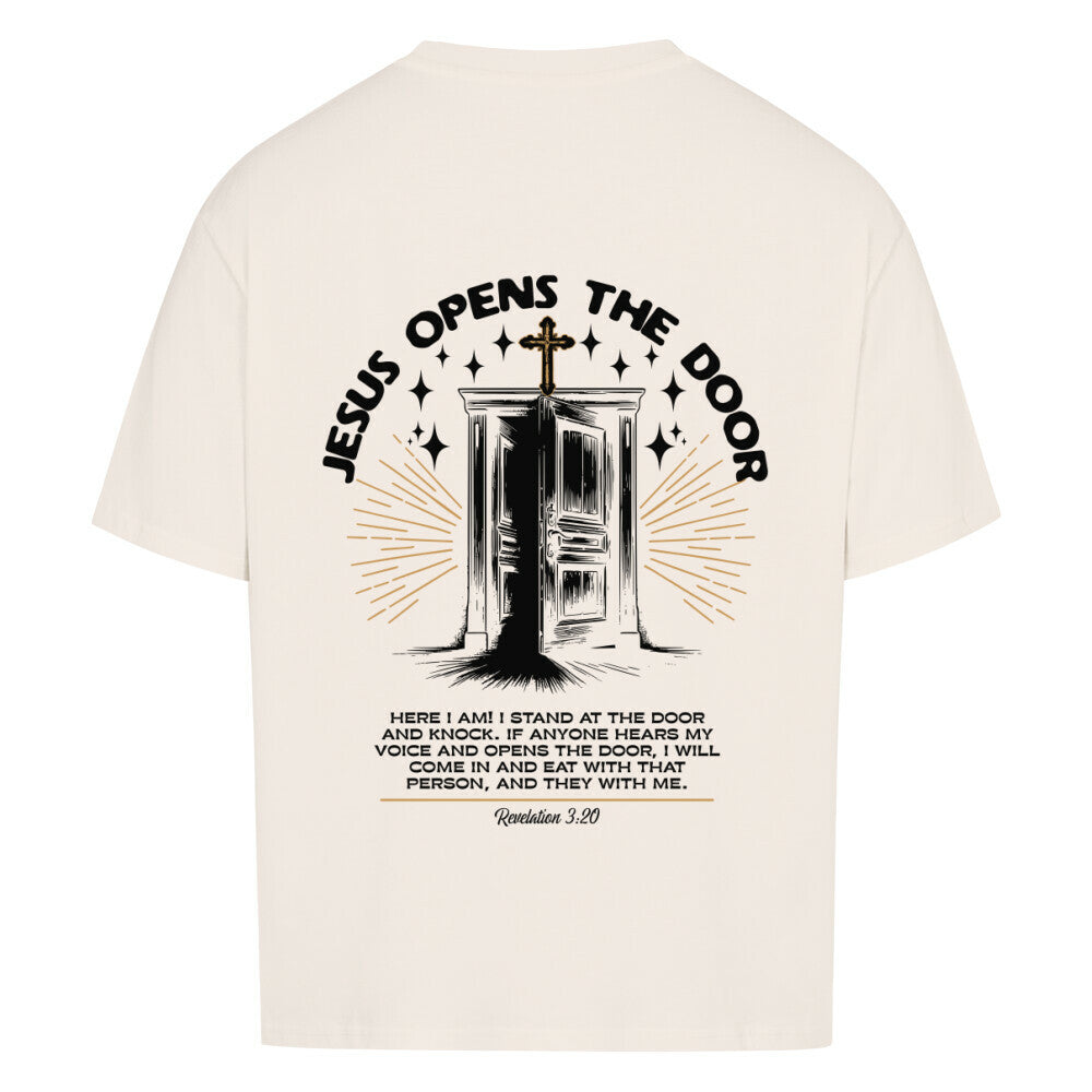 Jesus Opens The Door Oversized T-Shirt in babyblau – christliches Oversized T-Shirt von Blessed by God