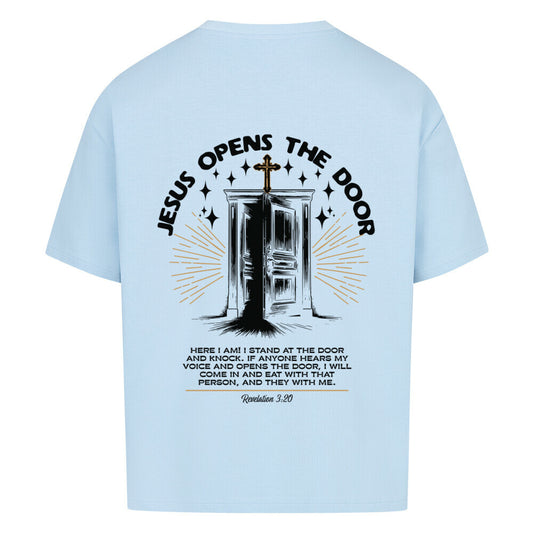 Jesus Opens The Door Oversized T-Shirt in babyblau – christliches Oversized T-Shirt von Blessed by God