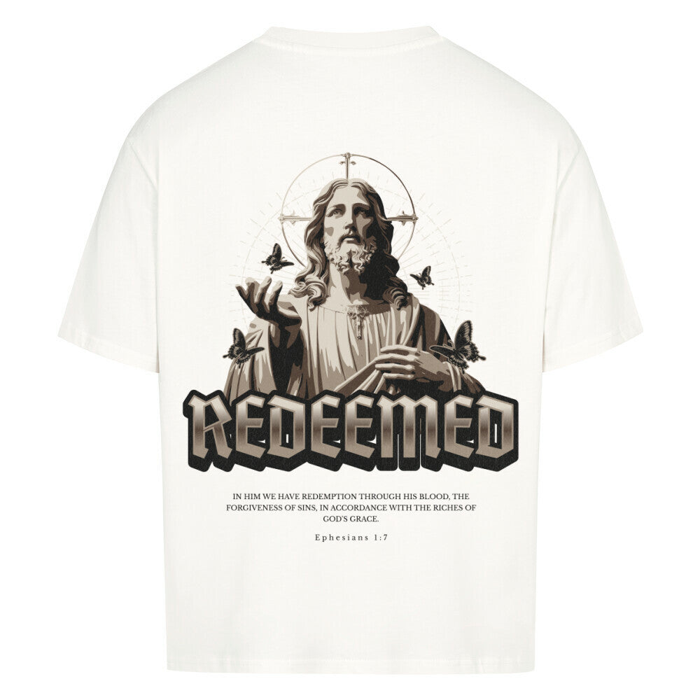 Redeemed Oversized T-Shirt in babyblau – christliches Oversized T-Shirt von Blessed by God