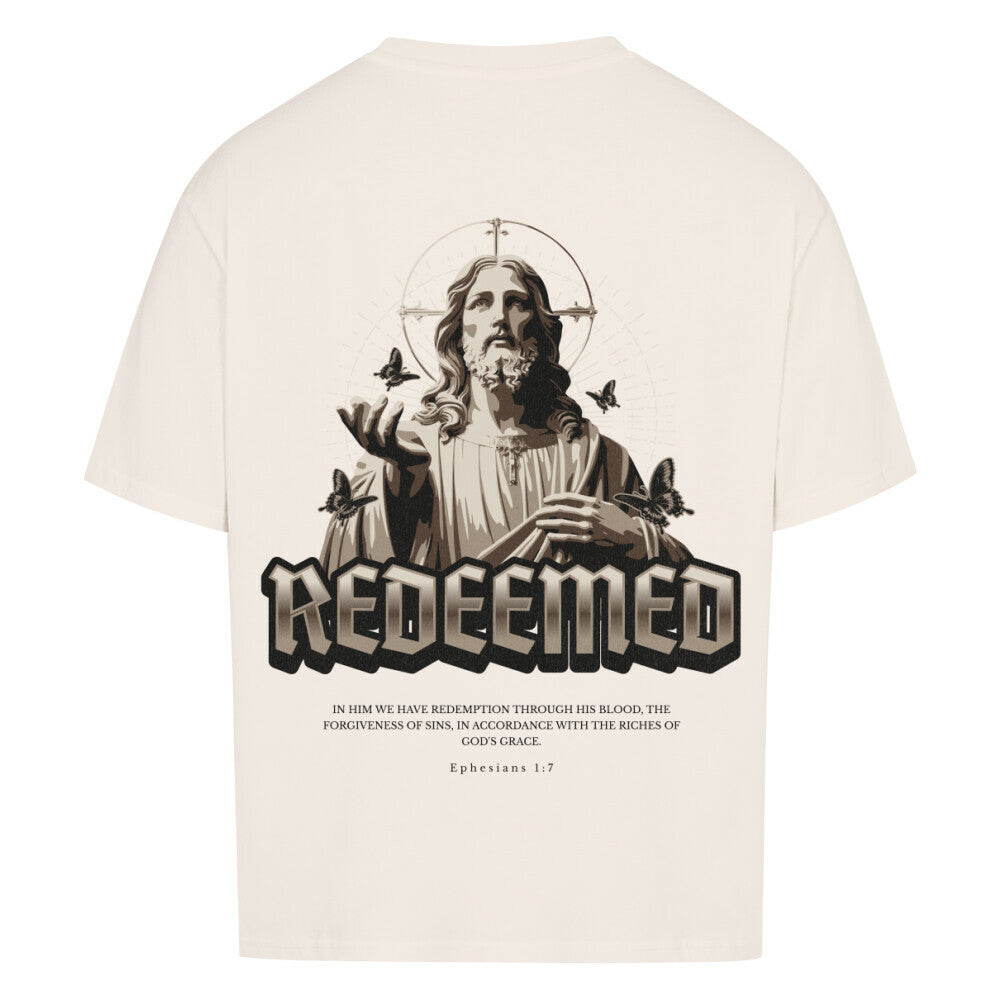 Redeemed Oversized T-Shirt in babyblau – christliches Oversized T-Shirt von Blessed by God