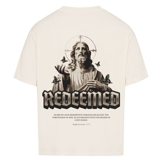 Redeemed Oversized T-Shirt in babyblau – christliches Oversized T-Shirt von Blessed by God