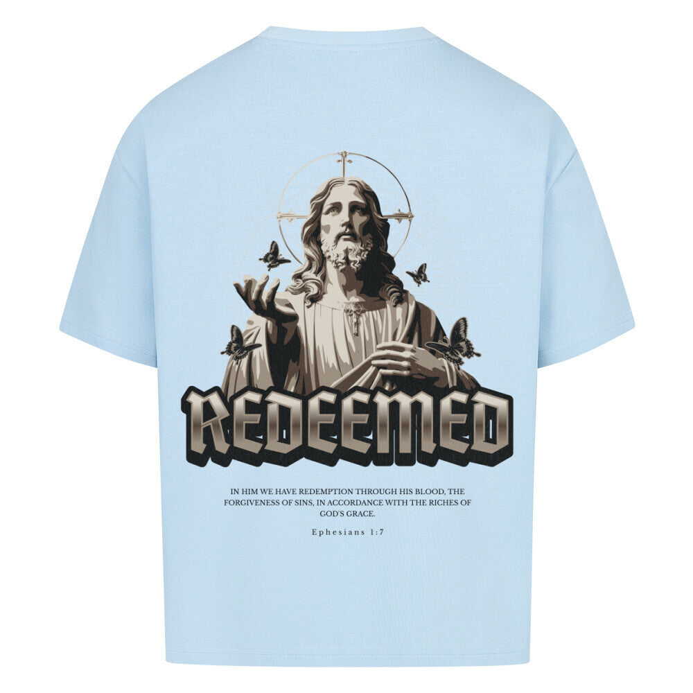 Redeemed Oversized T-Shirt in babyblau – christliches Oversized T-Shirt von Blessed by God