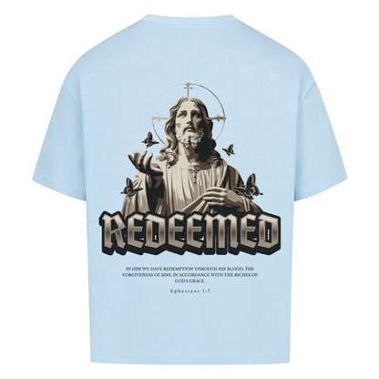 Redeemed Oversized T-Shirt in babyblau – christliches Oversized T-Shirt von Blessed by God