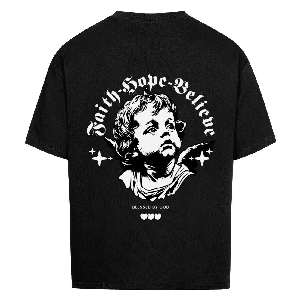 Faith Hope Believe Oversized T-Shirt in babyblau – christliches Oversized T-Shirt von Blessed by God