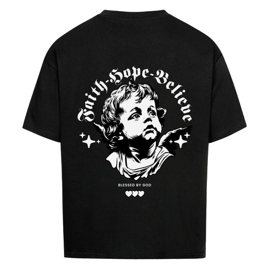 Faith Hope Believe Oversized T-Shirt in babyblau – christliches Oversized T-Shirt von Blessed by God