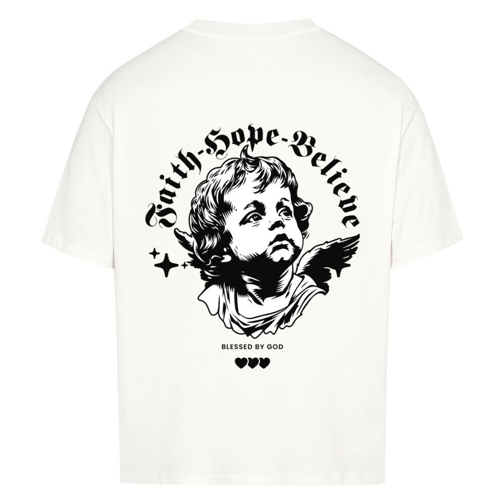 Faith Hope Believe Oversized T-Shirt in babyblau – christliches Oversized T-Shirt von Blessed by God