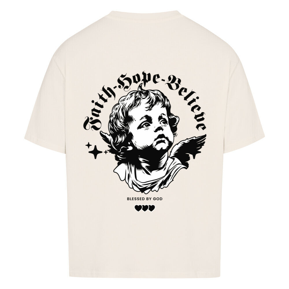 Faith Hope Believe Oversized T-Shirt in babyblau – christliches Oversized T-Shirt von Blessed by God