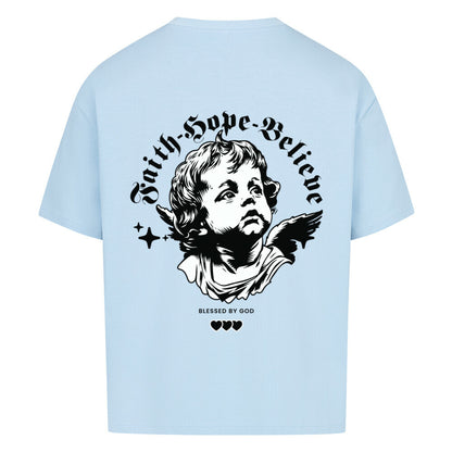 Faith Hope Believe Oversized T-Shirt in babyblau – christliches Oversized T-Shirt von Blessed by God