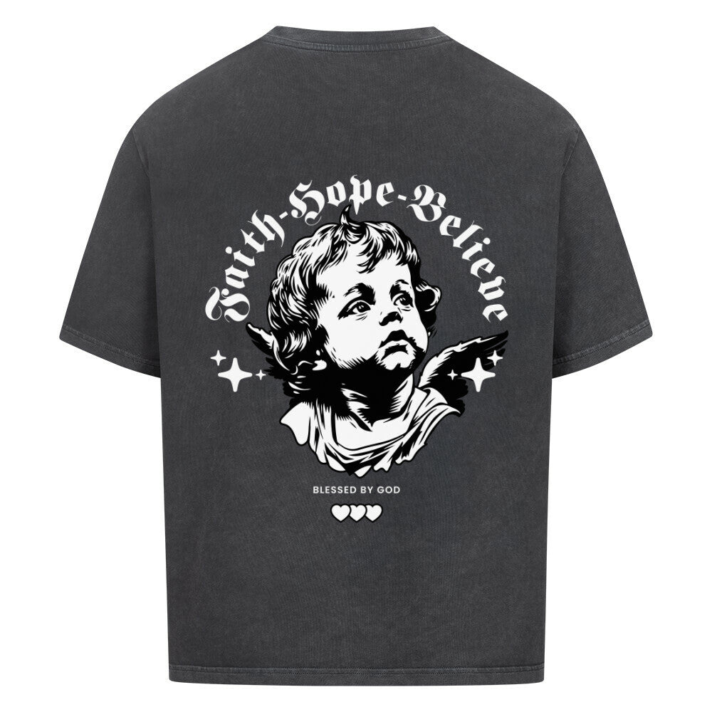 Faith Hope Believe Oversized T-Shirt in babyblau – christliches Oversized T-Shirt von Blessed by God