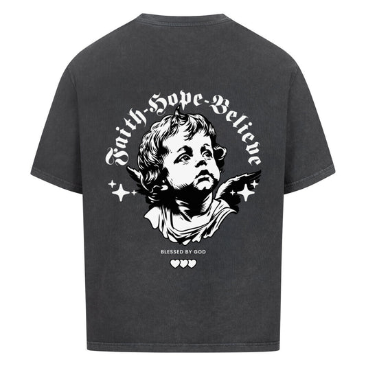 Faith Hope Believe Oversized T-Shirt in babyblau – christliches Oversized T-Shirt von Blessed by God